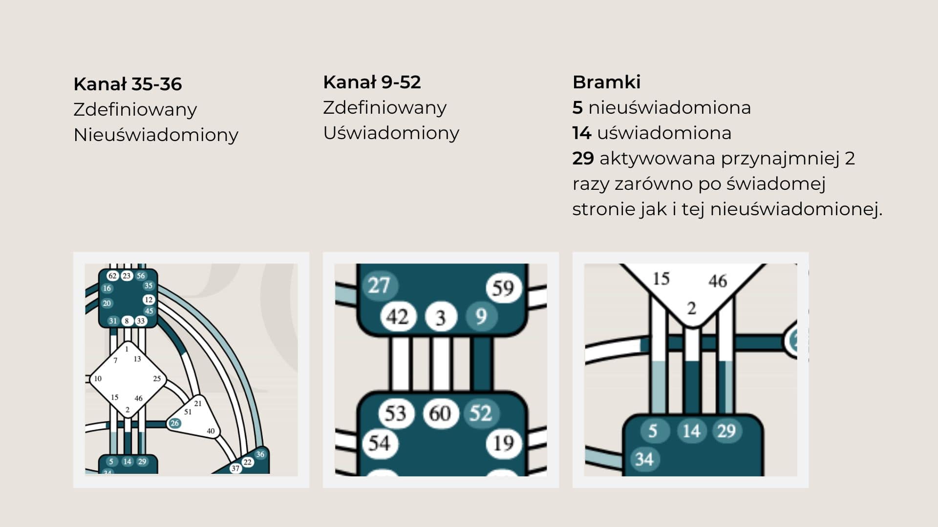 Na tej ilustracji są zaprezentowane bramki i kanały uświadomione i nieuświadomione, które znajdziemy na grafie Human Design.
